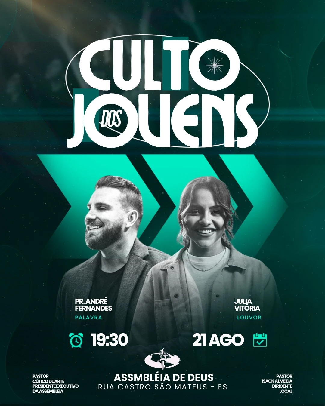 Culto de Jovens Julia Vitória | Culto de Jovens | Arte para Igreja Editável no Canva | Cartaz