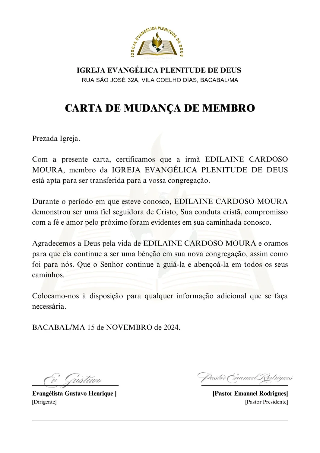 CARTA PARA RECOMENDAÇÃO DE MEMBROS