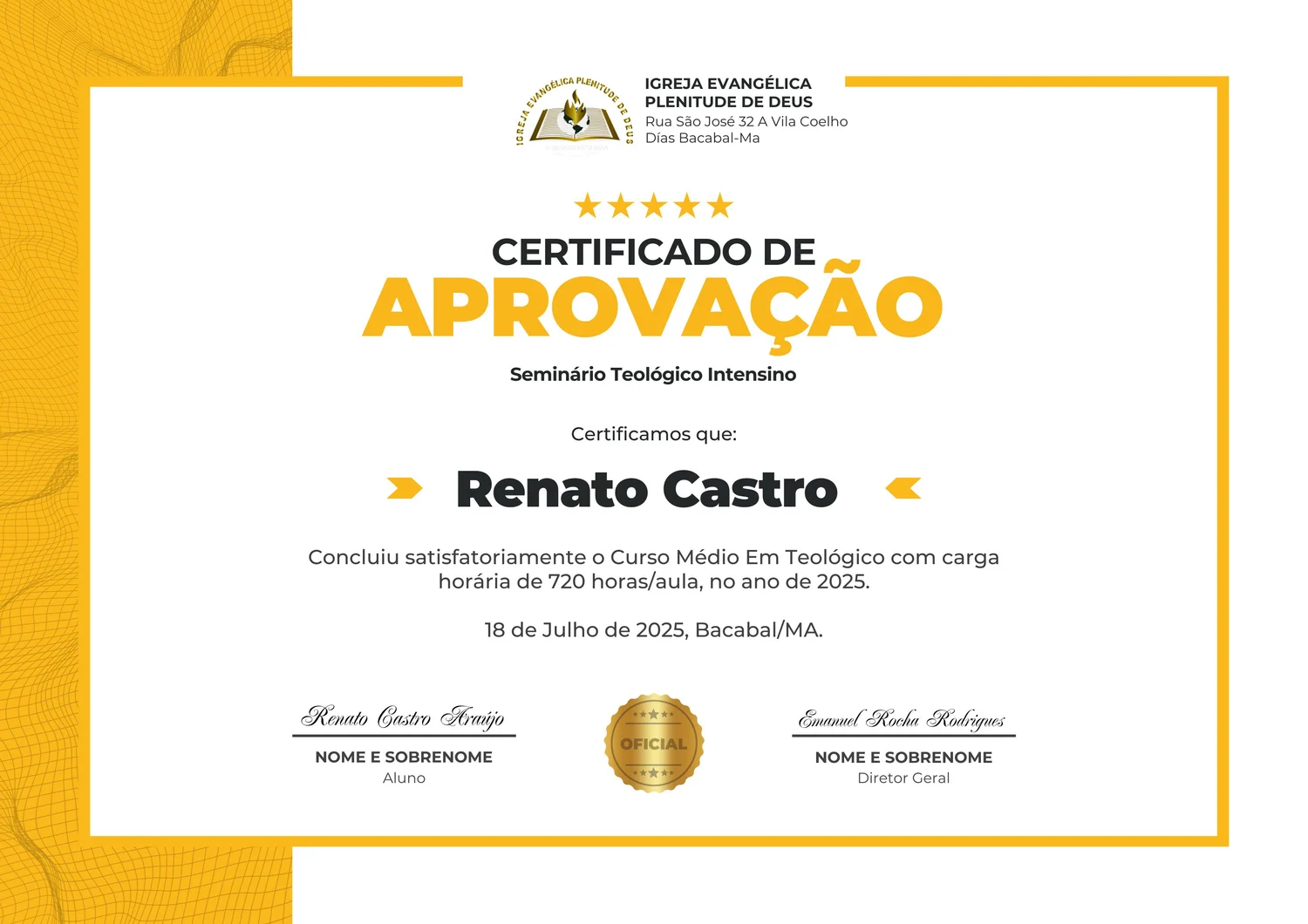 Certificado De Curso Teológico