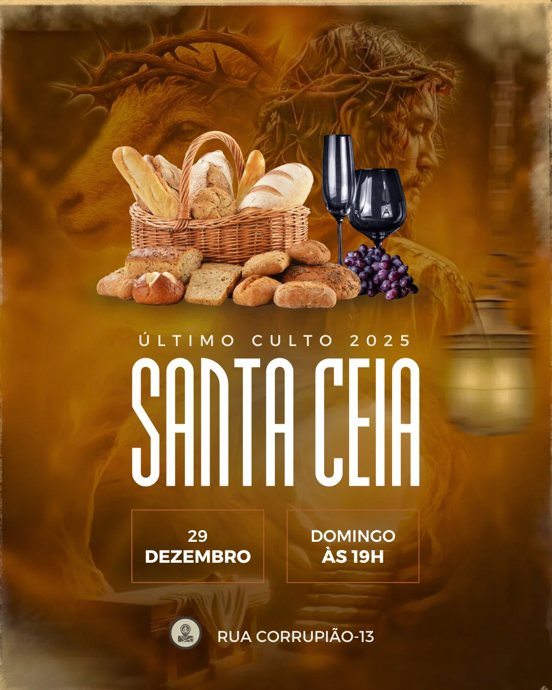 Última Ceia do Ano | Culto de Ceia | Arte para Igreja Editável no Canva | Cartaz
