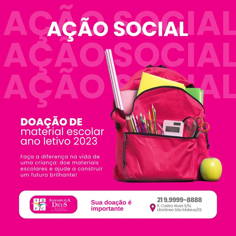 Doação de Material Escolar – Ano Letivo 2024 | Ação Social | Arte para Igreja Editável no Canva | Feed Doação de Material Escolar – Ano Letivo 2024 | Ação Social | Arte para Igreja Editável no Canva | Feed