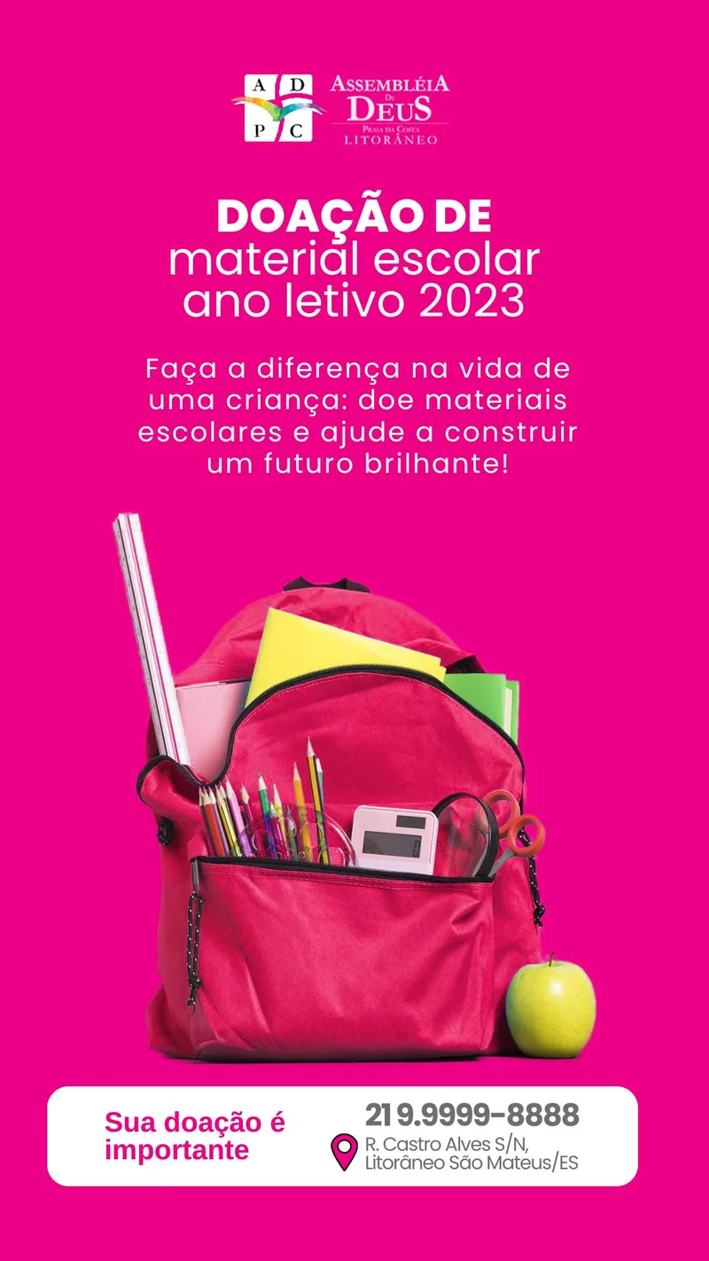 Doação de Material Escolar – Ano Letivo 2024 | Ação Social | Arte para Igreja Editável no Canva | Story