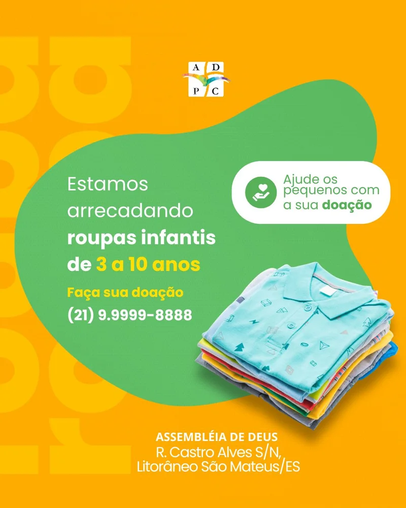 Arrecadação de Roupas Infantis – 3 a 10 Anos | Ação Social | Arte para Igreja Editável no Canva | Cartaz Arrecadação de Roupas Infantis – 3 a 10 Anos | Ação Social | Arte para Igreja Editável no Canva | Cartaz