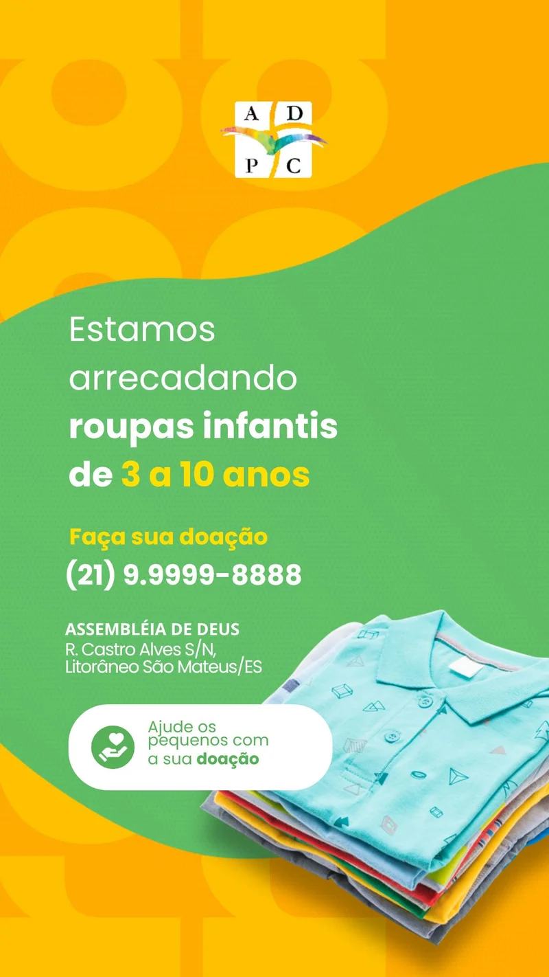 Arrecadação de Roupas Infantis – 3 a 10 Anos | Ação Social | Arte para Igreja Editável no Canva | Story