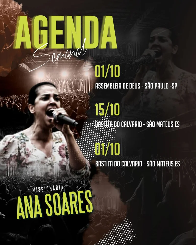 Agenda Semanal – Missionária Ana Soares | Agendas | Arte para Igreja Editável no Canva | Cartaz Agenda Semanal – Missionária Ana Soares | Agendas | Arte para Igreja Editável no Canva | Cartaz