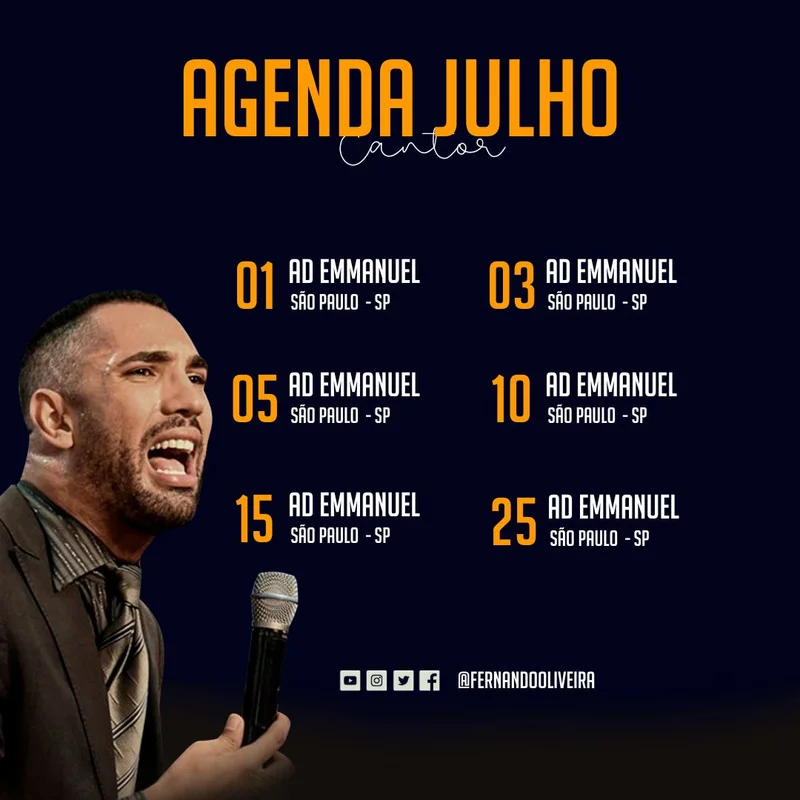 Agenda Julho – Cantor Emanuel | Agendas | Arte para Igreja Editável no Canva | Feed Agenda Julho – Cantor Emanuel | Agendas | Arte para Igreja Editável no Canva | Feed
