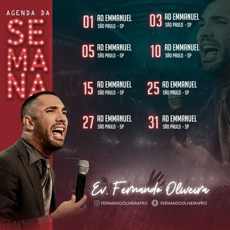 Agenda da Semana – Ev. Fernando Oliveira | Agendas | Arte para Igreja Editável no Canva | Feed Agenda da Semana – Ev. Fernando Oliveira | Agendas | Arte para Igreja Editável no Canva | Feed