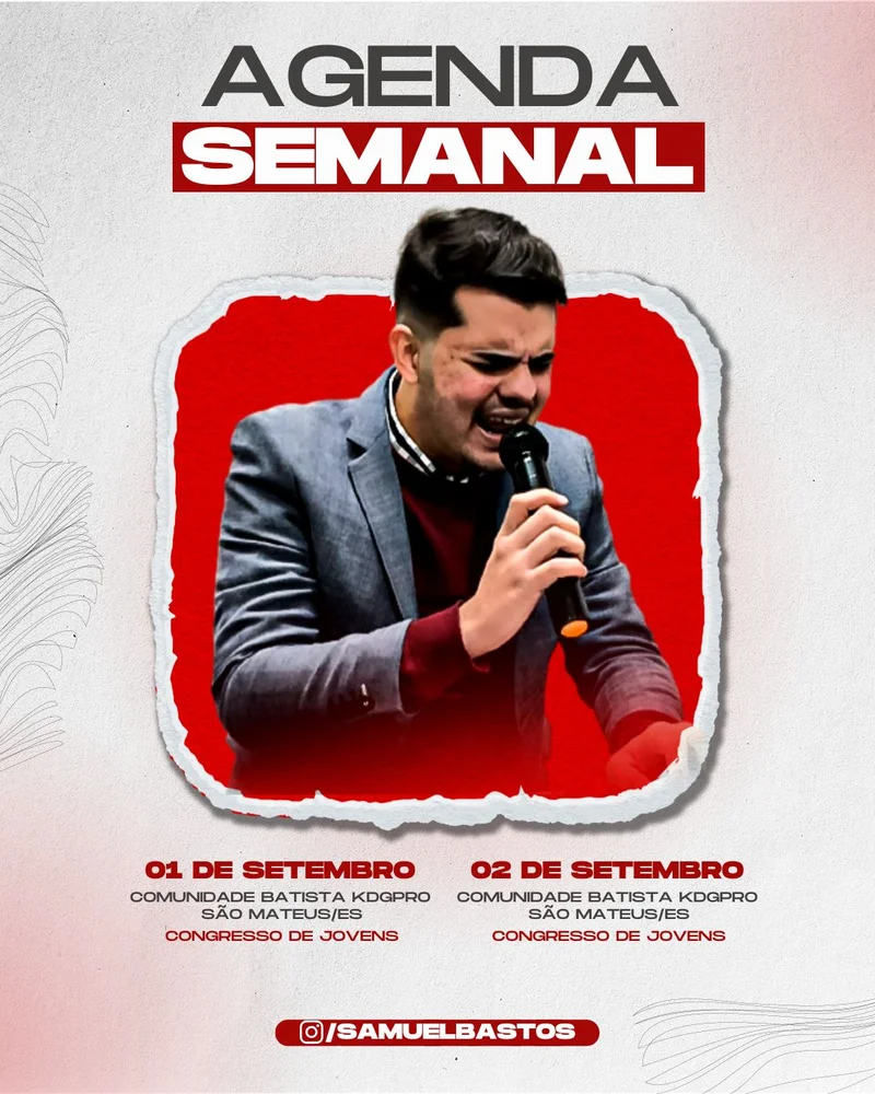 Agenda Semanal Samuel Bastos | Agendas | Arte para Igreja Editável no Canva | Cartaz Agenda Semanal Samuel Bastos | Agendas | Arte para Igreja Editável no Canva | Cartaz