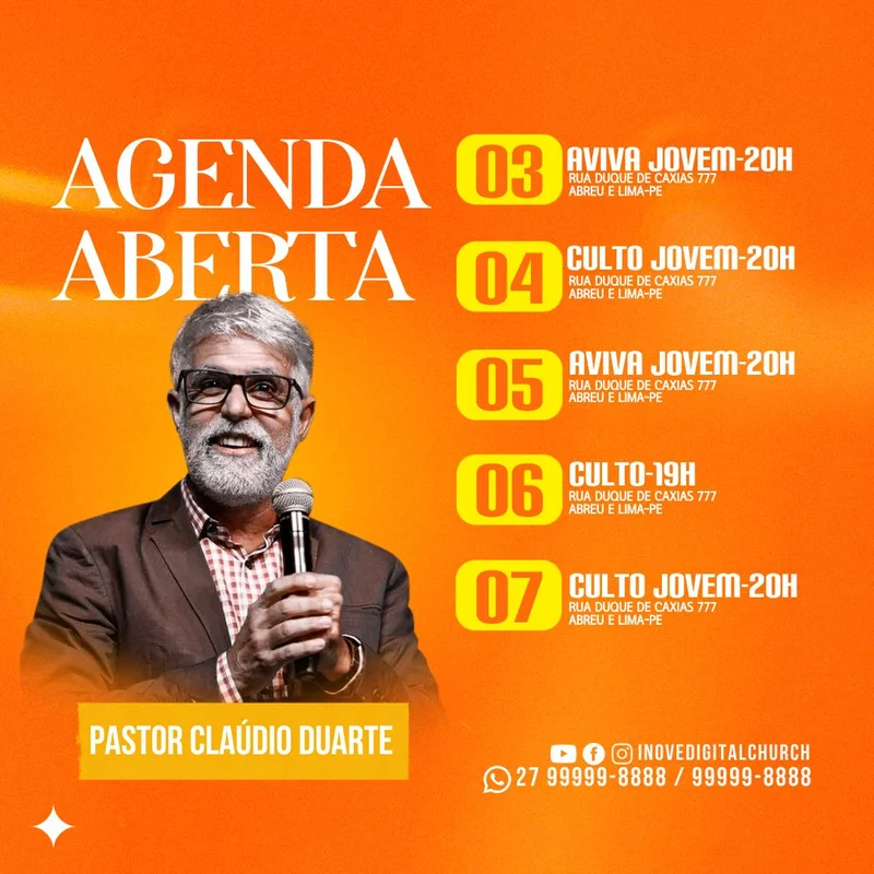Agenda Aberta Pastor Cláudio Duarte | Agendas | Arte para Igreja Editável no Canva | Feed Agenda Aberta Pastor Cláudio Duarte | Agendas | Arte para Igreja Editável no Canva | Feed