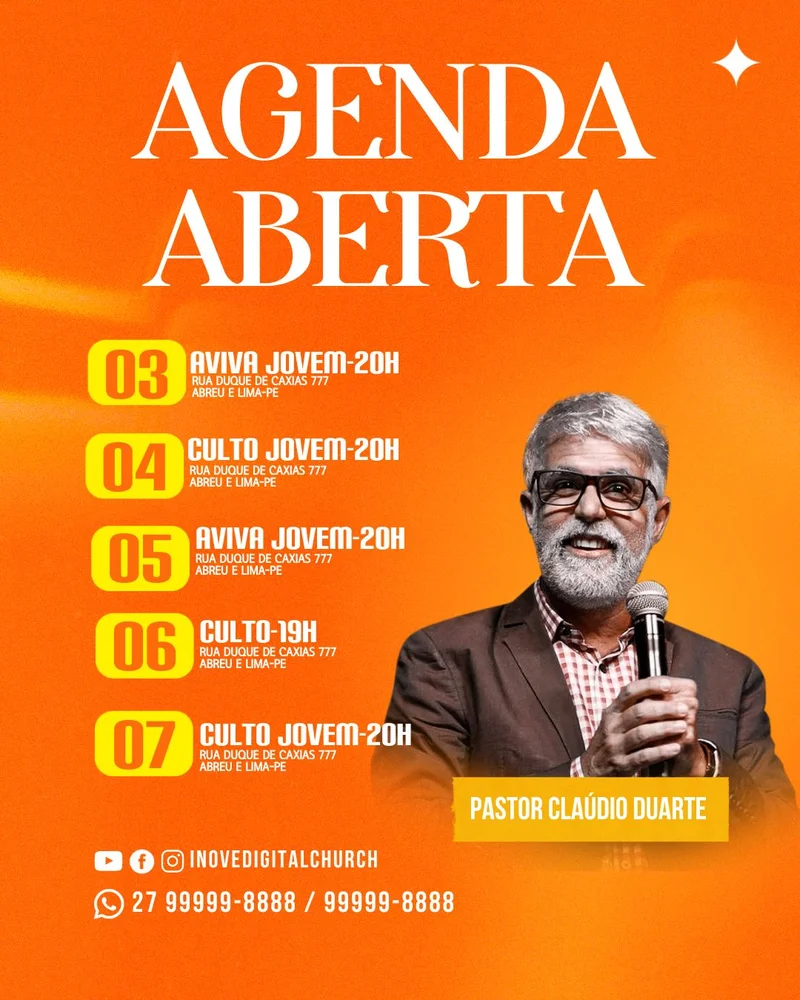 Agenda Aberta Pastor Cláudio Duarte | Agendas | Arte para Igreja Editável no Canva | Cartaz Agenda Aberta Pastor Cláudio Duarte | Agendas | Arte para Igreja Editável no Canva | Cartaz
