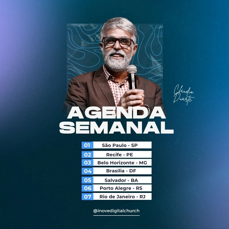 Agenda Semanal – Cláudio Duarte Tour Nacional | Agendas | Arte para Igreja Editável no Canva | Feed Agenda Semanal – Cláudio Duarte Tour Nacional | Agendas | Arte para Igreja Editável no Canva | Feed