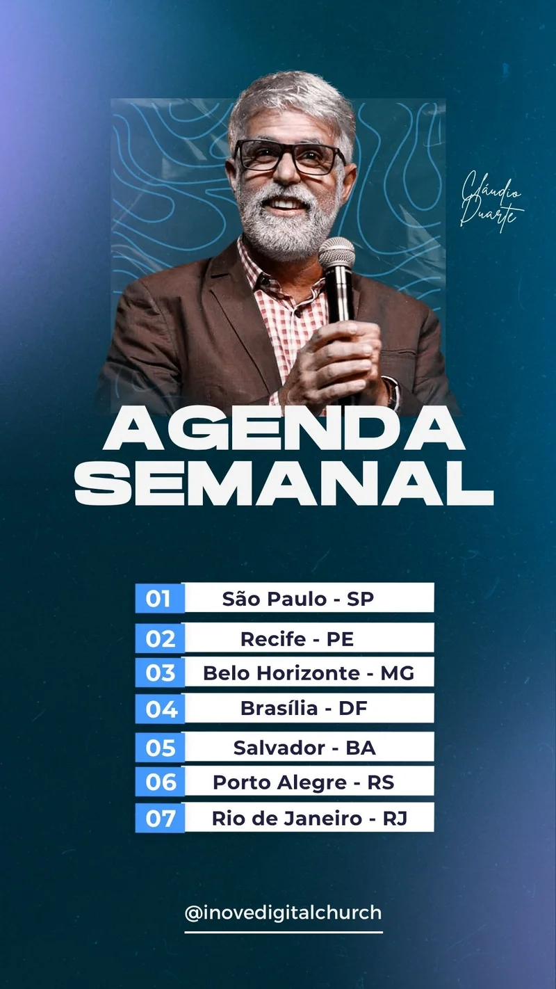 Agenda Semanal – Cláudio Duarte Tour Nacional | Agendas | Arte para Igreja Editável no Canva | Story Agenda Semanal – Cláudio Duarte Tour Nacional | Agendas | Arte para Igreja Editável no Canva | Story