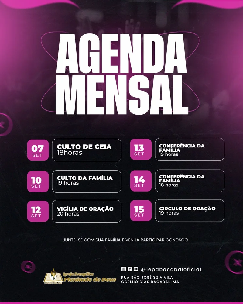 Agenda Mensal da Igreja | Agendas | Arte para Igreja Editável no Canva | Cartaz