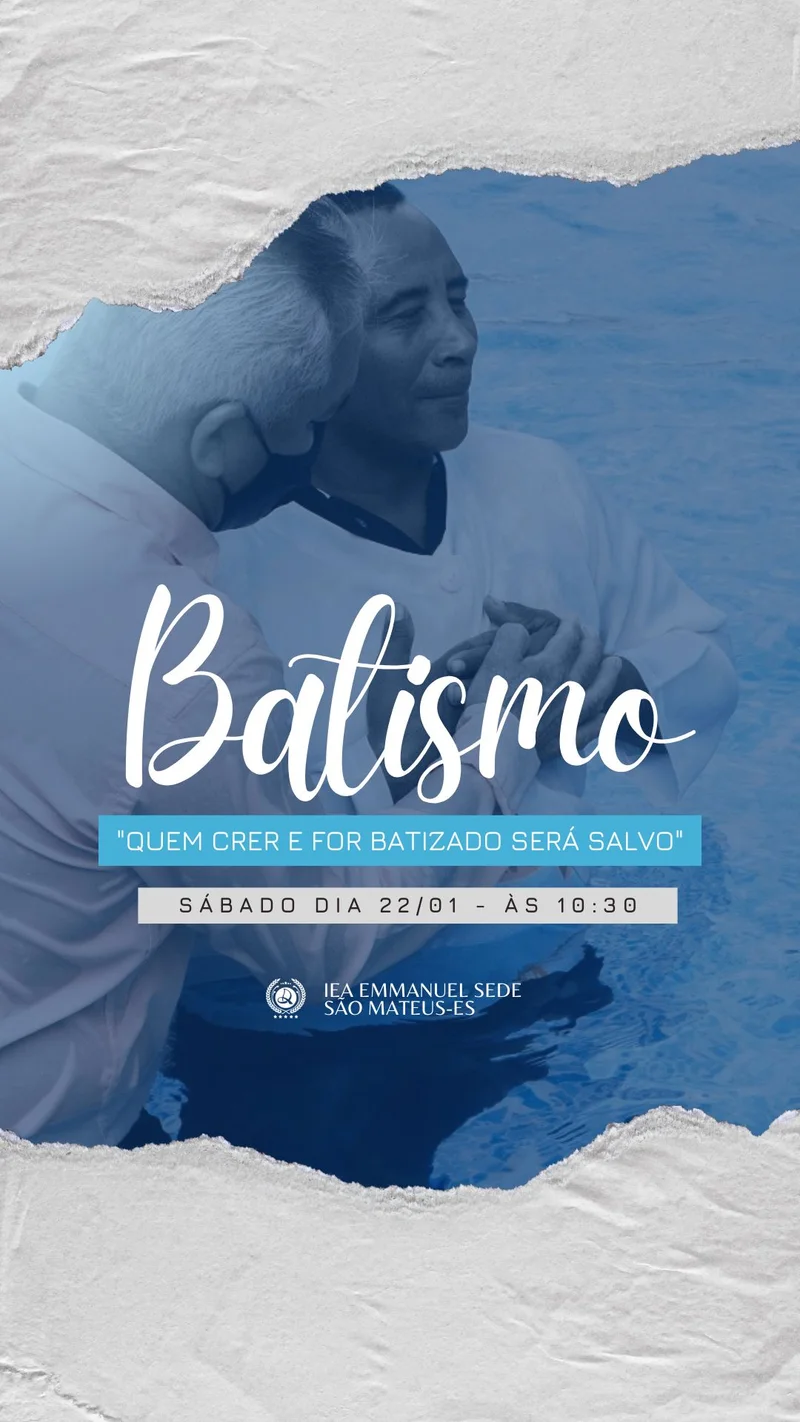 "Quem crer e for batizado será salvo" | Batismo | Arte para Igreja Editável no Canva | Story