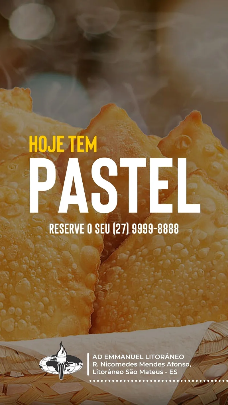 Hoje tem Pastel reserve o seu | Cantina | Arte para Igreja Editável no Canva | Story Hoje tem Pastel reserve o seu | Cantina | Arte para Igreja Editável no Canva | Story