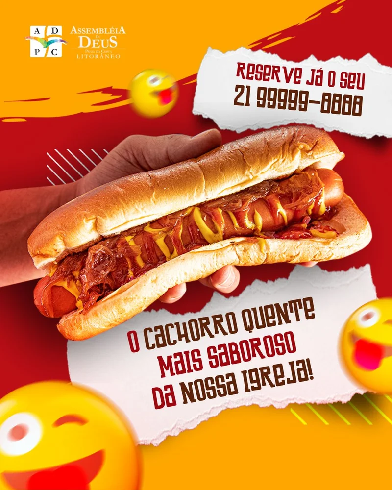O Cachorro Quente Mais Saboroso da Igreja! | Cantina | Arte para Igreja Editável no Canva | Cartaz O Cachorro Quente Mais Saboroso da Igreja! | Cantina | Arte para Igreja Editável no Canva | Cartaz