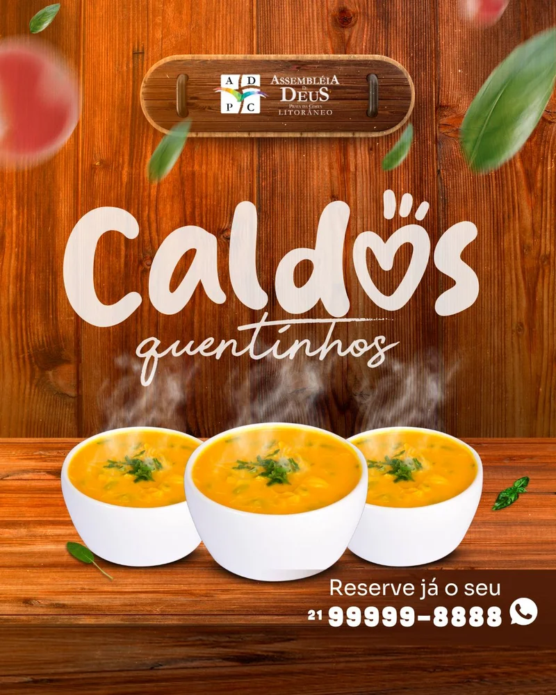 Caldos Quentinhos: Sabor e Aconchego na Igreja! | Cantina | Arte para Igreja Editável no Canva | Cartaz