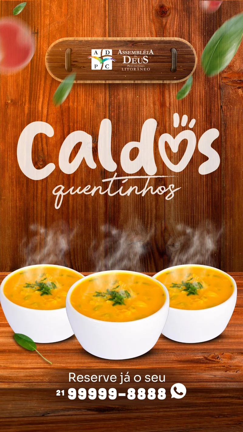 Caldos Quentinhos: Sabor e Aconchego na Igreja! | Cantina | Arte para Igreja Editável no Canva | Story Caldos Quentinhos: Sabor e Aconchego na Igreja! | Cantina | Arte para Igreja Editável no Canva | Story