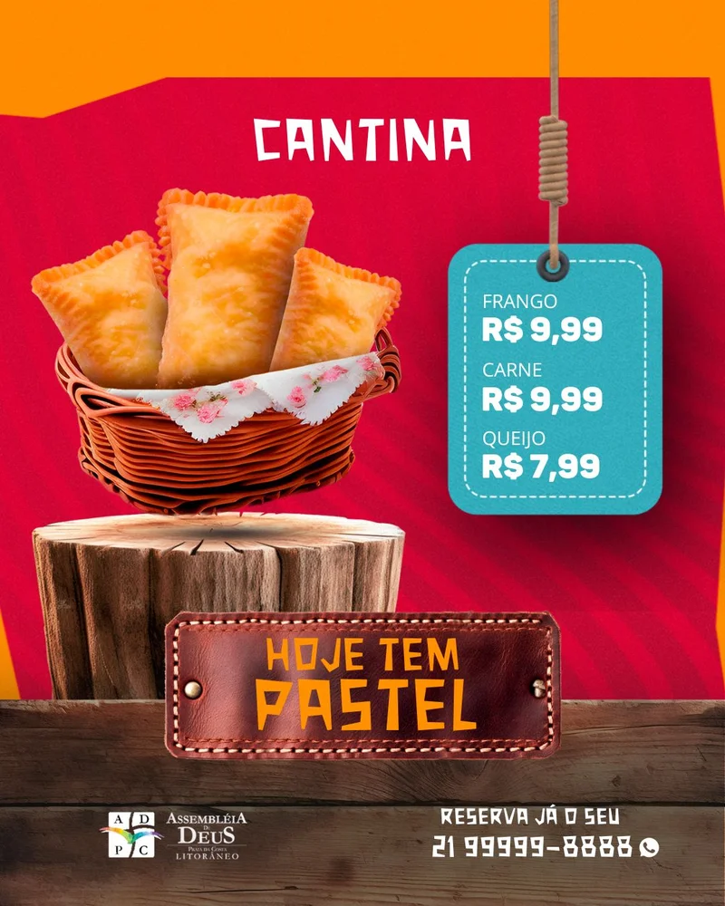 Cantina da Igreja: Pastel Fresquinho HOJE! | Cantina | Arte para Igreja Editável no Canva | Cartaz