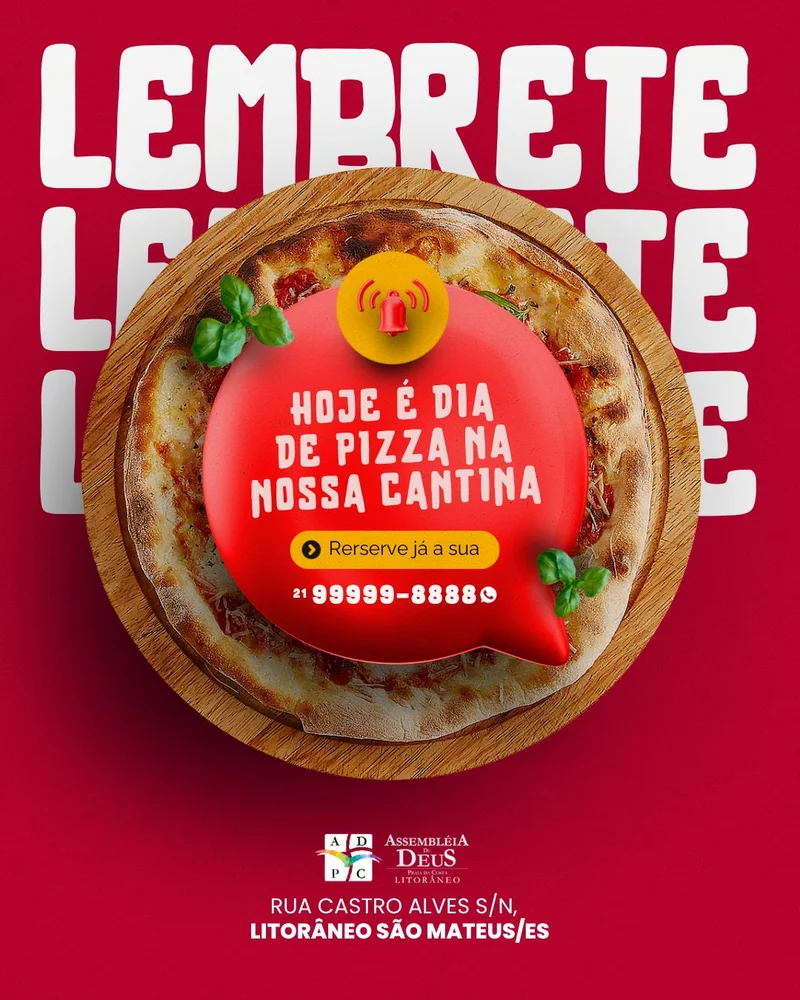 Pizza na Cantina da Igreja: Delícia HOJE! | Cantina | Arte para Igreja Editável no Canva | Cartaz