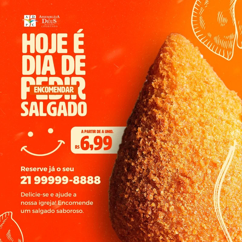 Cantina Aberta: Salgados Variados e Comunhão! | Cantina | Arte para Igreja Editável no Canva | Feed Cantina Aberta: Salgados Variados e Comunhão! | Cantina | Arte para Igreja Editável no Canva | Feed