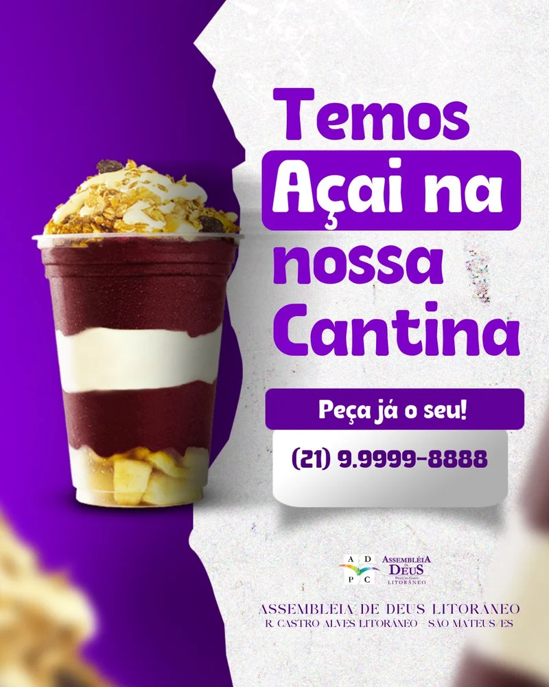 Açaí Gelado na Cantina da Igreja: Refresque seu dia! | Cantina | Arte para Igreja Editável no Canva | Cartaz Açaí Gelado na Cantina da Igreja: Refresque seu dia! | Cantina | Arte para Igreja Editável no Canva | Cartaz