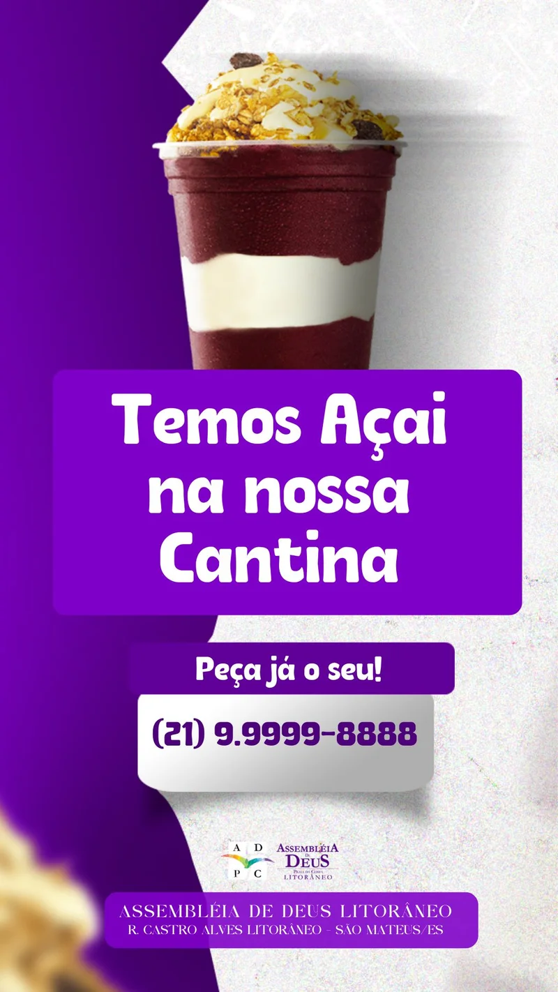 Açaí Gelado na Cantina da Igreja: Refresque seu dia! | Cantina | Arte para Igreja Editável no Canva | Story