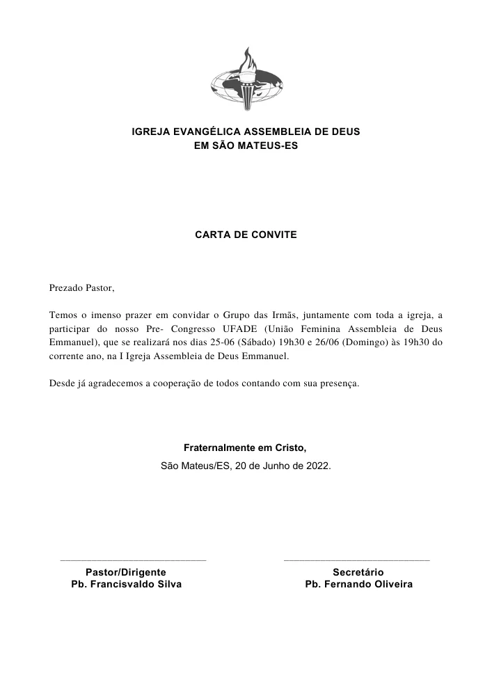 Carta de Convite | Cartas Prontas | Arte para Igreja Editável no Canva | A4