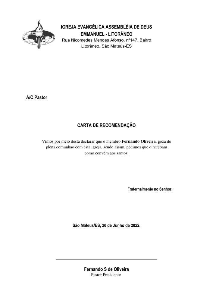 Carta de Recomendação | Cartas Prontas | Arte para Igreja Editável no Canva | A4 Carta de Recomendação | Cartas Prontas | Arte para Igreja Editável no Canva | A4