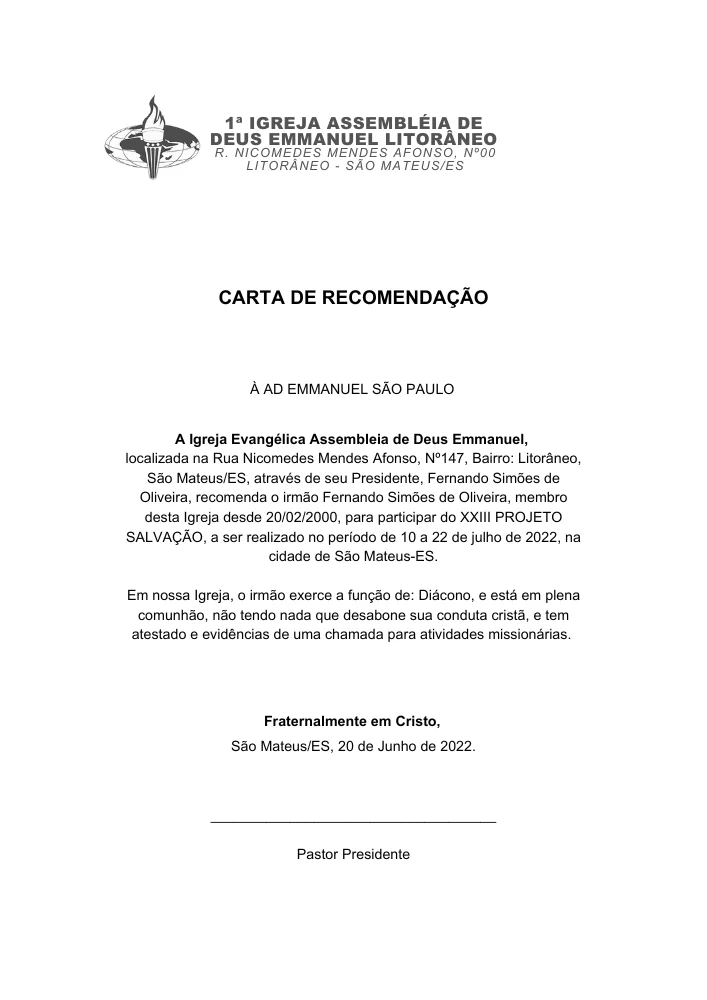 Carta de Recomendação | Cartas Prontas | Arte para Igreja Editável no Canva | A4