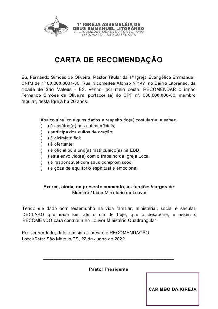 Cartas prontas Cristã – Carta de Recomendação | Cartas Prontas | Arte para Igreja Editável no Canva | A4