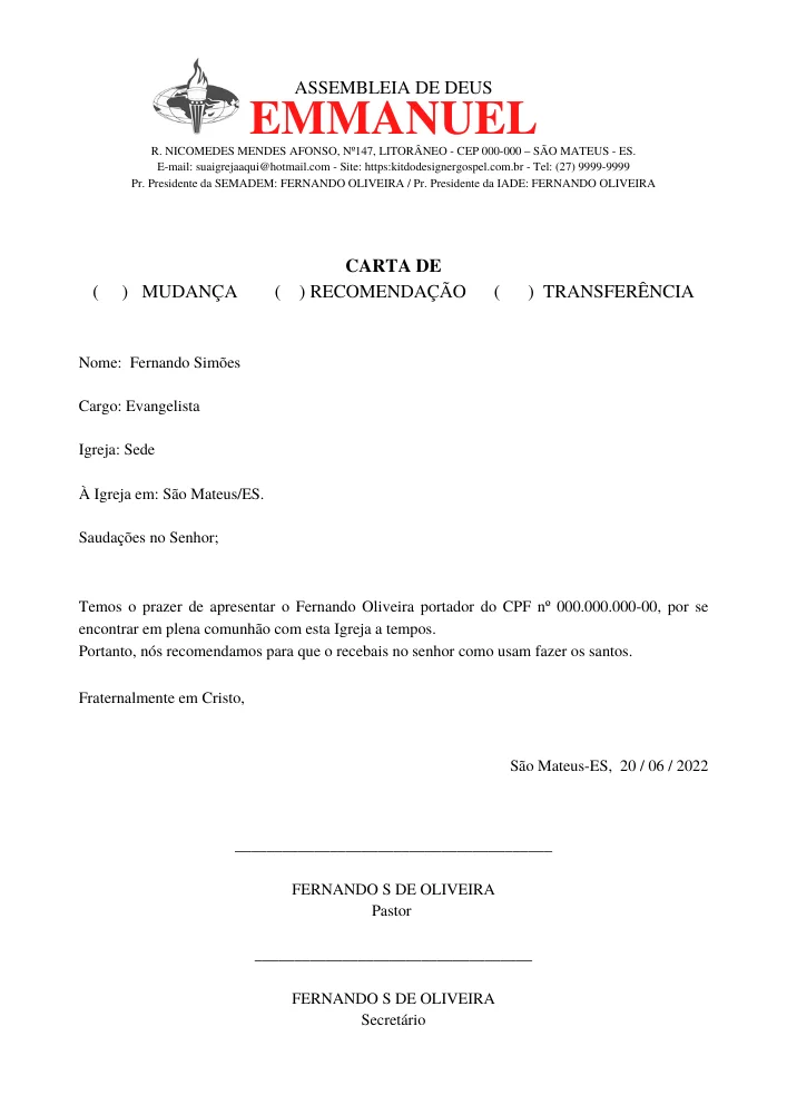 Carta de Recomendação | Cartas Prontas | Arte para Igreja Editável no Canva | A4