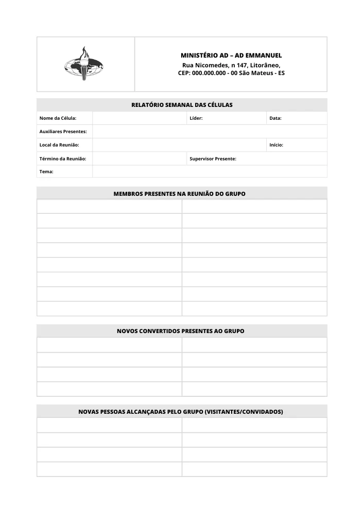 Relatório Semanal de Células | Cartas Prontas | Arte para Igreja Editável no Canva | A4