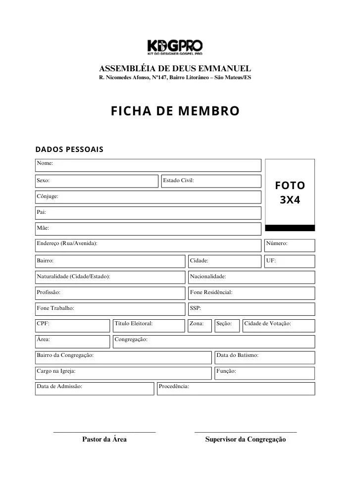 Ficha Cadastral de Membros | Cartas Prontas | Arte para Igreja Editável no Canva | A4