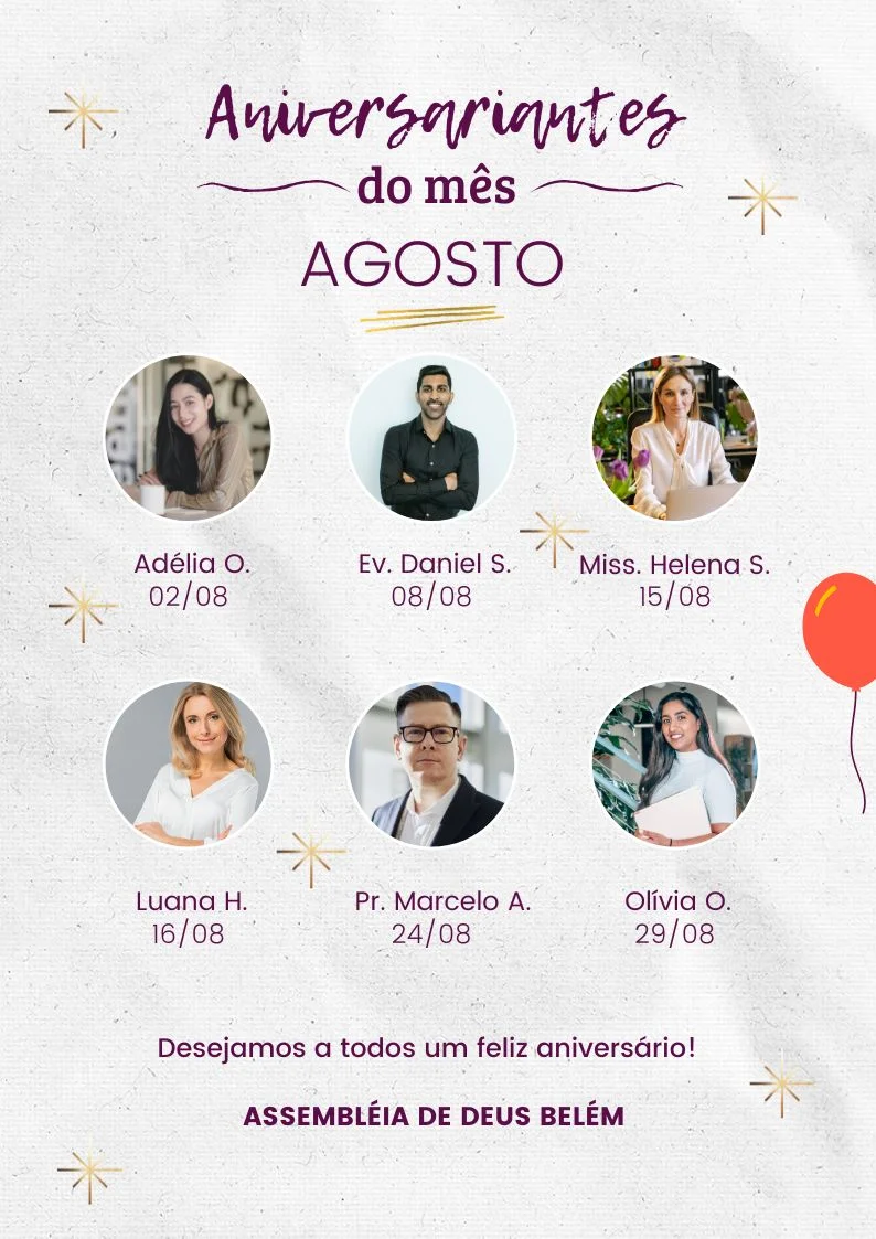 Aniversariantes do Mês | Cartas Prontas | Arte para Igreja Editável no Canva | A4