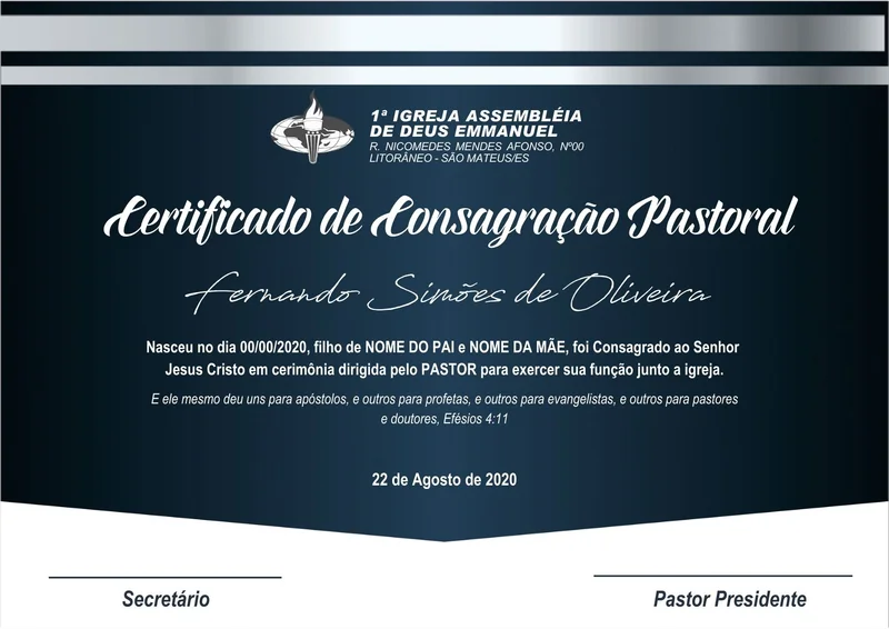 Certificado de Consagração Pastoral | Certificados | Arte para Igreja Editável no Canva | A4