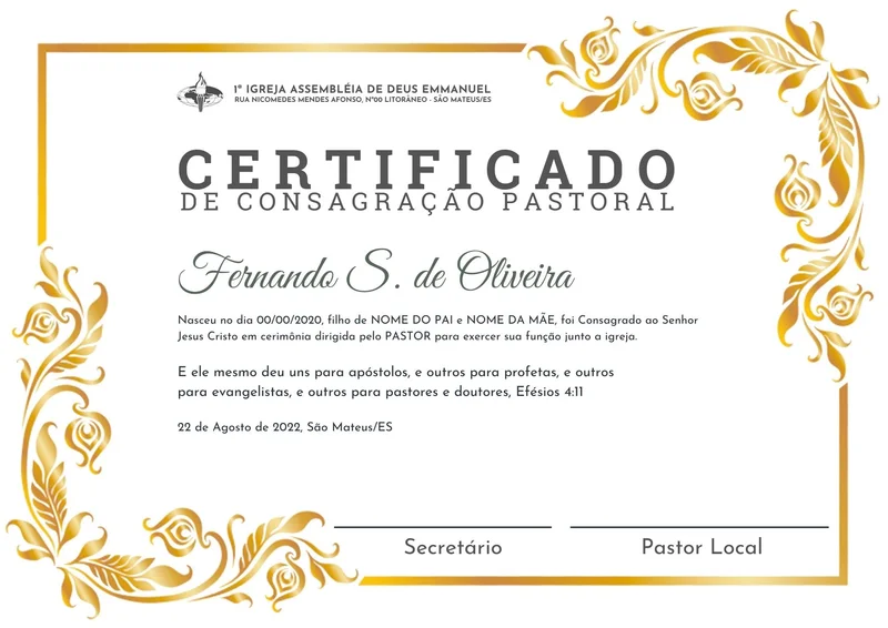 Certificado de Consagração Pastoral | Certificados | Arte para Igreja Editável no Canva | A4
