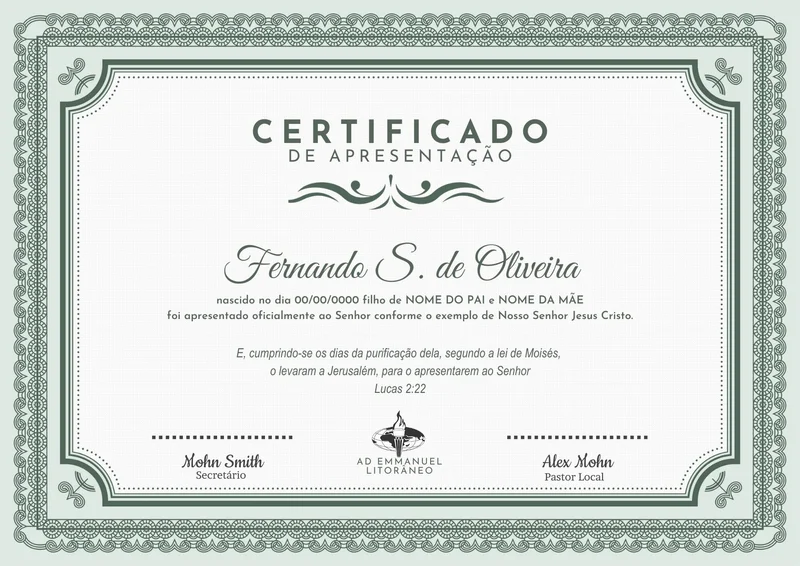 Certificado de Apresentação | Certificados | Arte para Igreja Editável no Canva | A4