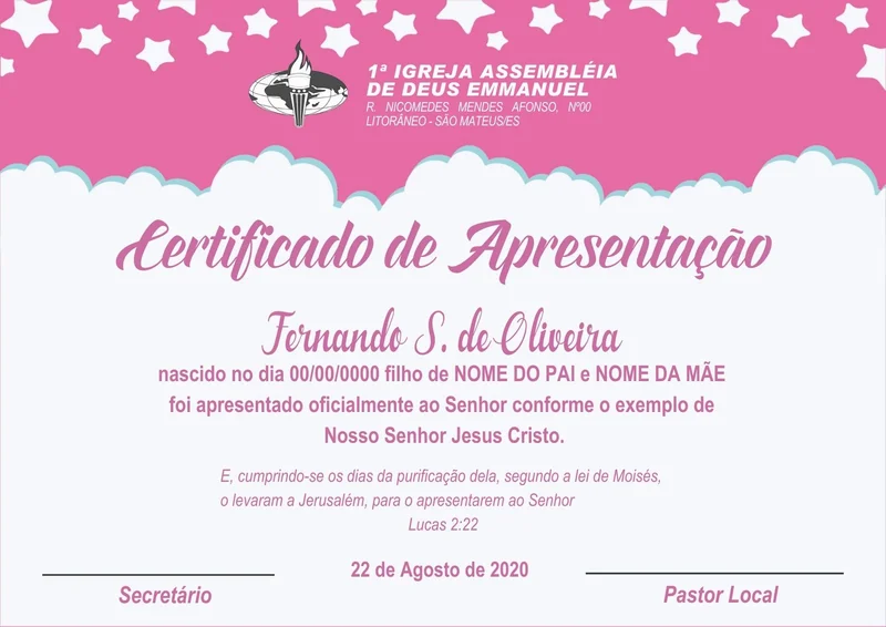 Certificado de Apresentação | Certificados | Arte para Igreja Editável no Canva | A4 Certificado de Apresentação | Certificados | Arte para Igreja Editável no Canva | A4