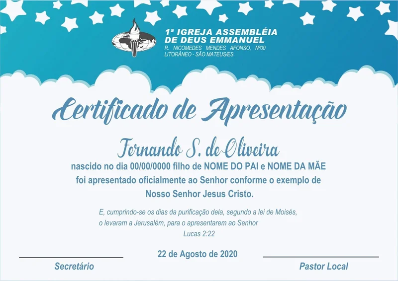Certificado de Apresentação | Certificados | Arte para Igreja Editável no Canva | A4