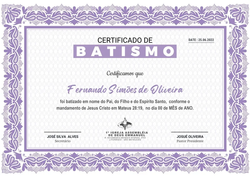 Certificado de Batismo | Certificados | Arte para Igreja Editável no Canva | A4
