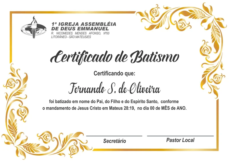 Certificado de Batismo | Certificados | Arte para Igreja Editável no Canva | A4