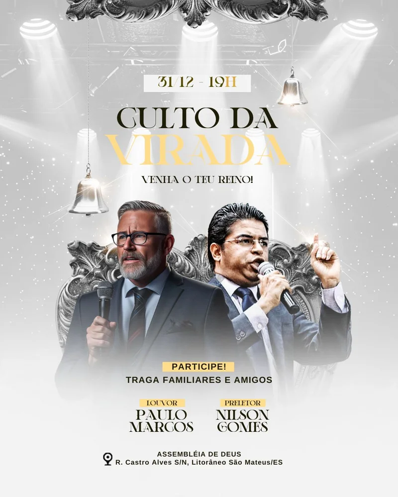 Culto da Virada: Comece 2026 em Oração e na Presença Divina! | Culto da Virada | Arte para Igreja Editável no Canva | Cartaz