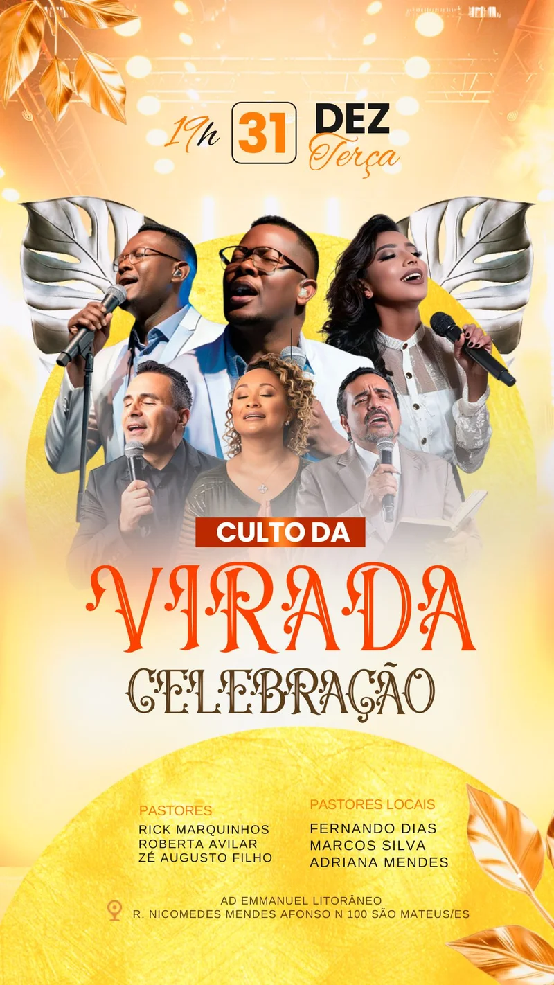 Culto da Virada HOJE: Comece 2026 na Presença de Deus! | Culto da Virada | Arte para Igreja Editável no Canva | Story