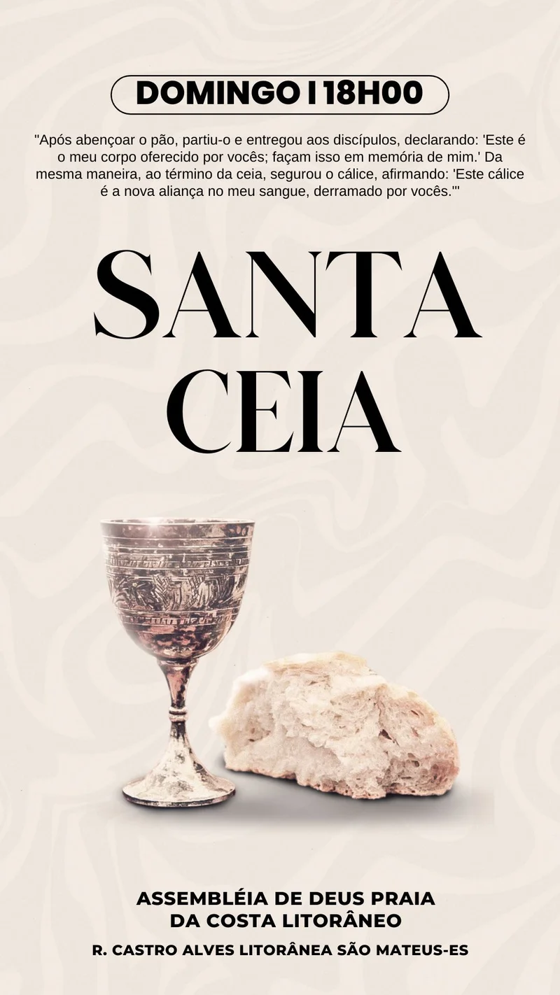 Santa Ceia do Senhor: Celebre a Redenção neste Domingo! | Culto de Ceia | Arte para Igreja Editável no Canva | Story Santa Ceia do Senhor: Celebre a Redenção neste Domingo! | Culto de Ceia | Arte para Igreja Editável no Canva | Story