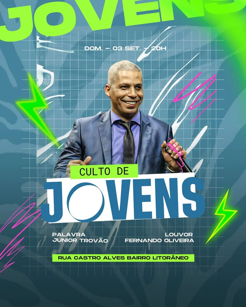 Com Junior Trovão – Palavra e Louvor | Culto de Jovens | Arte para Igreja Editável no Canva | Cartaz Com Junior Trovão – Palavra e Louvor | Culto de Jovens | Arte para Igreja Editável no Canva | Cartaz
