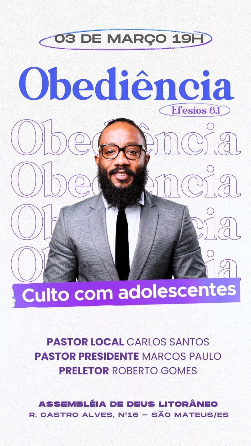 Culto de Adolescentes – Tema Obediência | Culto de Jovens | Arte para Igreja Editável no Canva | Story Culto de Adolescentes – Tema Obediência | Culto de Jovens | Arte para Igreja Editável no Canva | Story