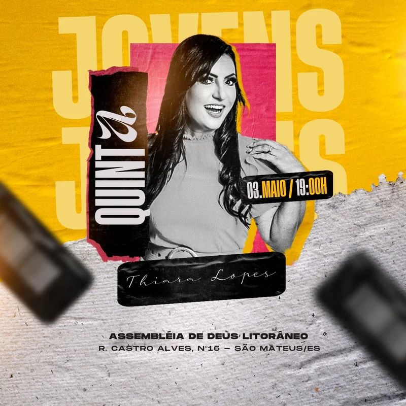 Quinta de Jovens – Com Thiara Lopes | Culto de Jovens | Arte para Igreja Editável no Canva | Feed Quinta de Jovens – Com Thiara Lopes | Culto de Jovens | Arte para Igreja Editável no Canva | Feed