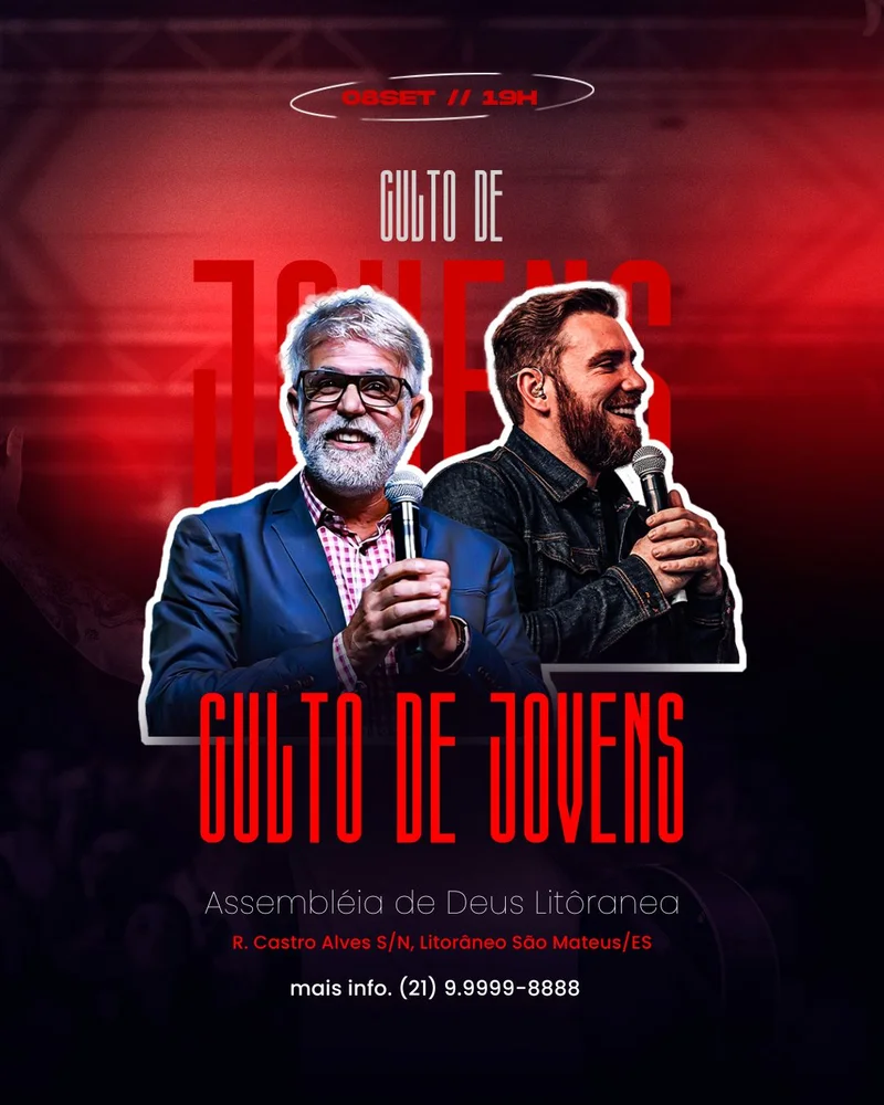 Poster Cristão – Com Dois Pregadores | Culto de Jovens | Arte para Igreja Editável no Canva | Cartaz