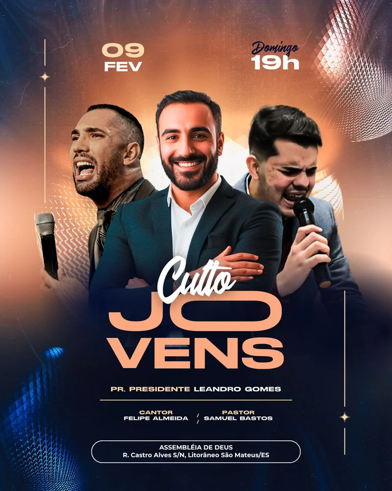 Culto de Jovens com Felipe Almeida e Samuel Bastos – Encontro de Louvor Jovem | Culto de Jovens | Arte para Igreja Editável no Canva | Cartaz